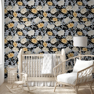 Elegant Blue Yellow/White Floral Pattern on Black Wallpaper