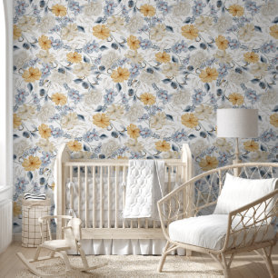 Elegant Blue Yellow & White Floral Pattern Wallpaper