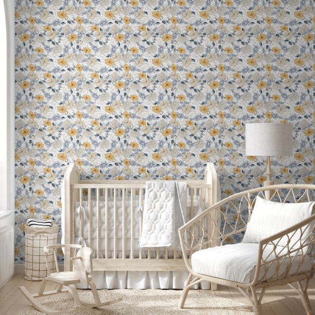 Elegant Blue Yellow & White Floral Pattern Wallpaper (Kids)