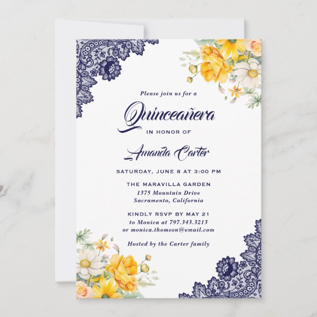 Elegant Blue Yellow White Floral Quinceañera Invitation (Front)