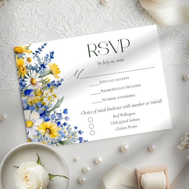 Elegant Blue Yellow Wildflower Wedding Meal Choice RSVP Card (Creator Uploaded)