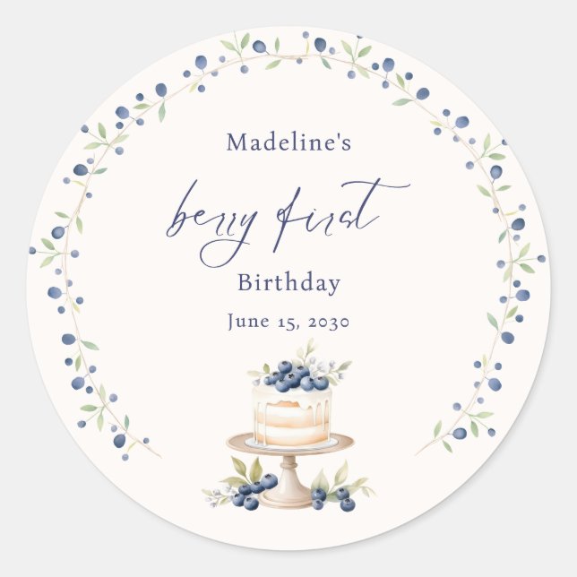 Elegant Blueberry Berry First Birthday Classic Round Sticker (Front)