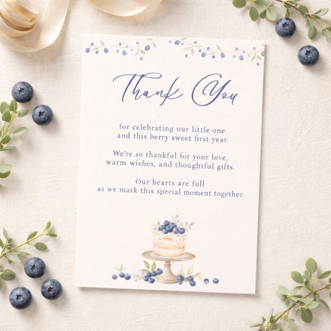 Elegant Blueberry First Birthday Thank You Card (Creator Uploaded)