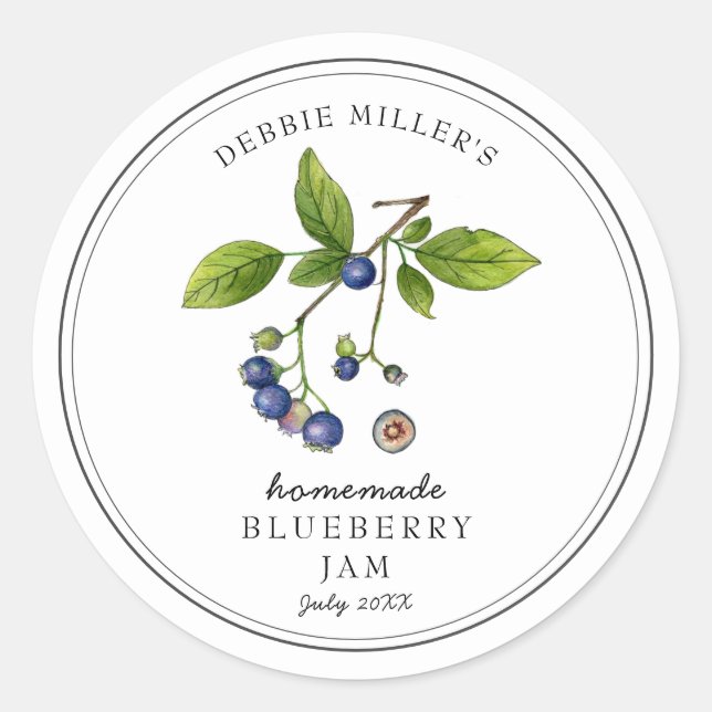 Elegant Blueberry on White Jam jar  Classic Round Sticker (Front)