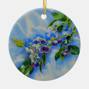 Elegant blueberry watercolor painting ceramic tree decoration