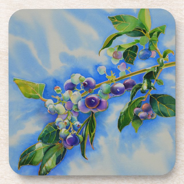 Elegant blueberry watercolor painting coaster (Front)