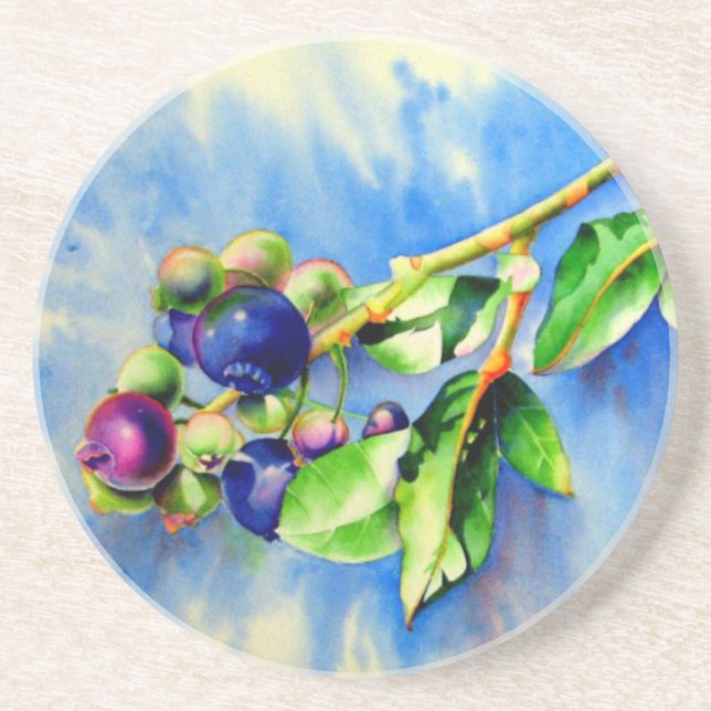 Elegant blueberry watercolor painting coaster (Front)