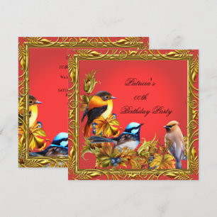 Elegant Bluebird Bird Red Gold Birthday Party Invitation