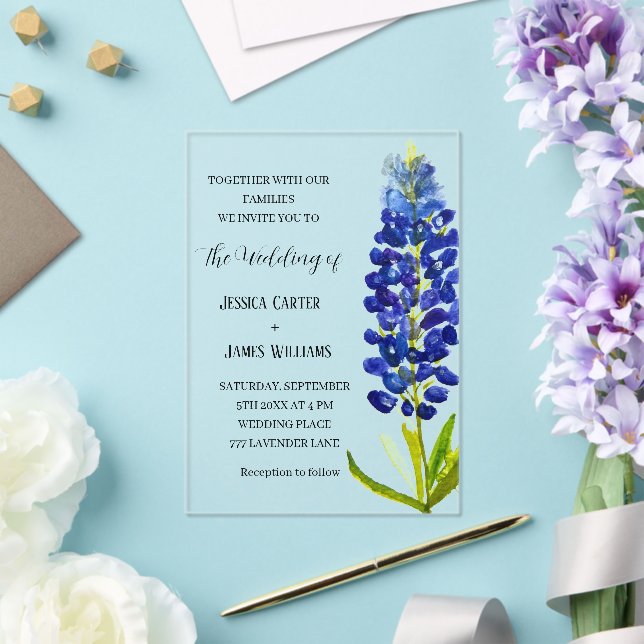 Elegant Bluebonnet Texas Watercolor Floral Wedding Acrylic Invitations (Insitu (Wedding))