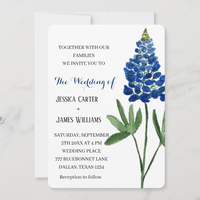 Elegant Bluebonnet Texas Watercolor Floral Wedding Invitation (Front)