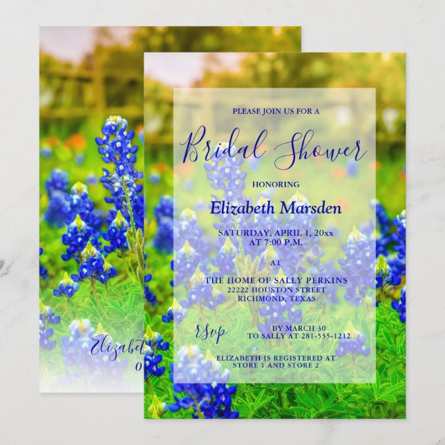 Elegant Bluebonnets Floral Photo Bridal Shower Invitation (Front/Back)