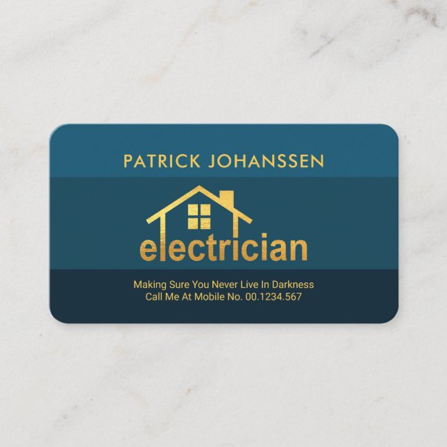 Elegant Blues Gold Electrician Home Business Card (Front)
