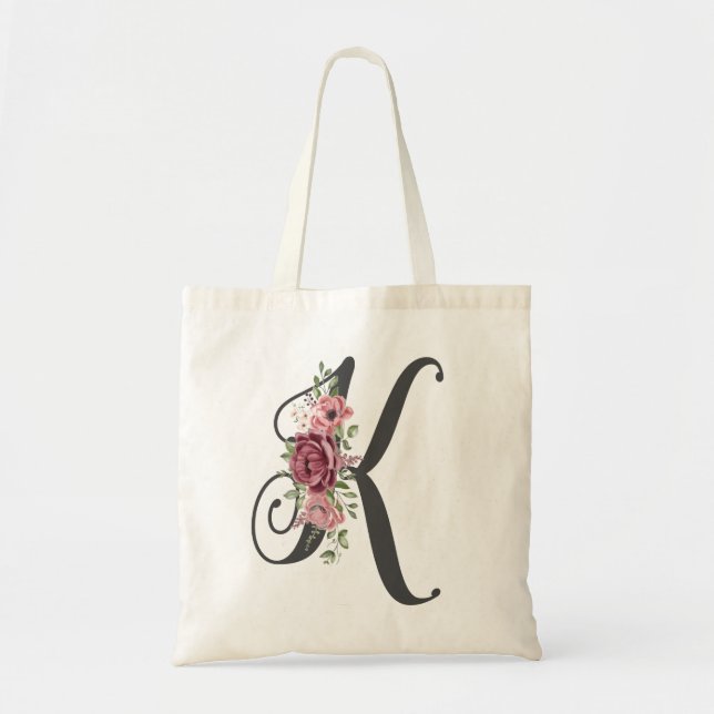 Elegant Blush and Burgundy Floral Monogram Initial Tote Bag (Front)