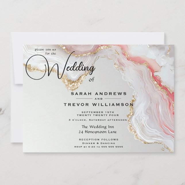 Elegant Blush and Gold Fluid Ink Agate  Invitation (Front)
