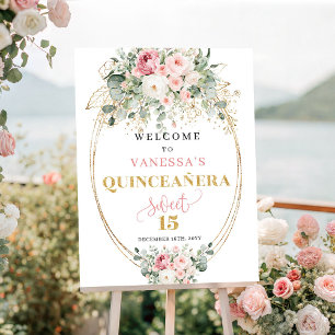 Elegant Blush and Gold Quinceañera Welcome Sign