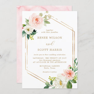 Elegant Blush and Gold Watercolor Floral Wedding Invitation