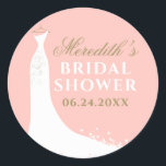Elegant Blush and Gold Wedding Gown Bridal Shower Classic Round Sticker<br><div class="desc">Round bridal shower favour stickers feature a wedding gown,  a colour scheme of white,  blush / coral pink,  and antique gold,  and custom text that can be personalised with the bride's name and event date.</div>