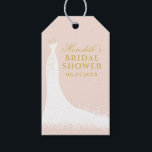 Elegant Blush and Gold Wedding Gown Bridal Shower Gift Tags<br><div class="desc">Elegant bridal shower favour tags feature a wedding gown,  white,  pale blush pink,  and gold colour scheme,  and custom text that can be personalised with the bride's name and event date. A chic butterfly pattern dresses up the back side of the card.</div>
