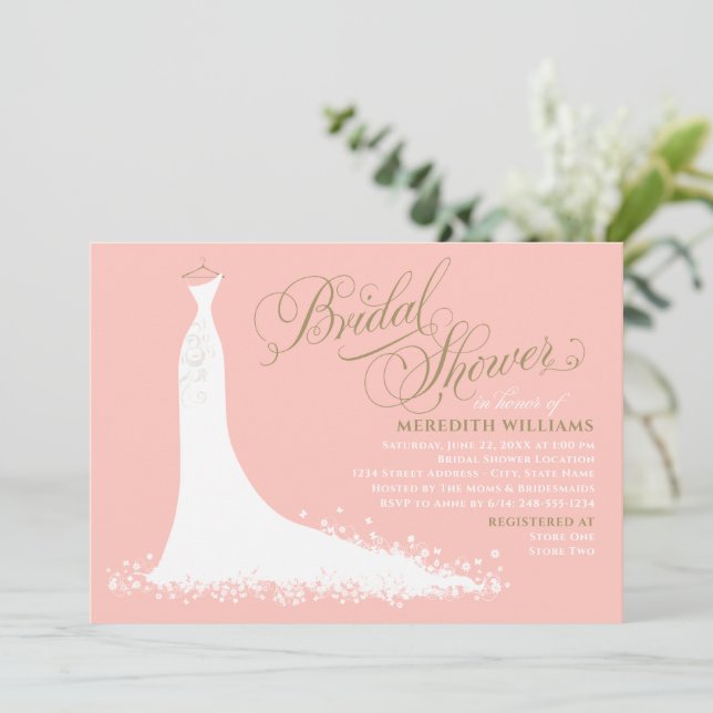 Elegant Blush and Gold Wedding Gown Bridal Shower Invitation (Standing Front)