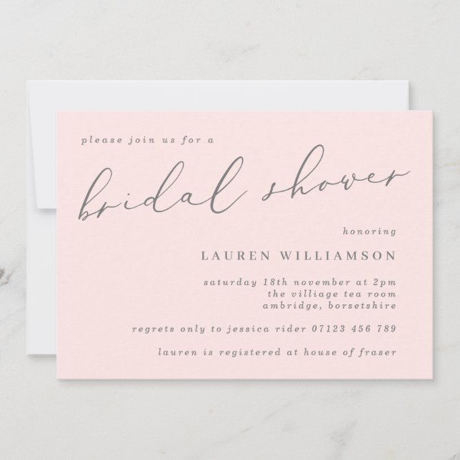 Elegant Blush and Grey Calligraphy Bridal Shower Invitation (Front)