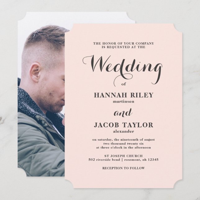 Elegant Blush and Grey Wedding Photo Invitation (Front/Back)