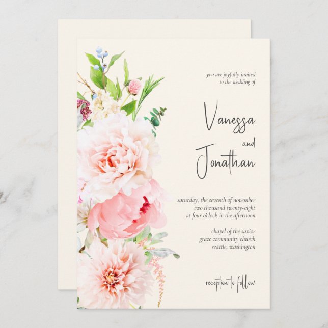 Elegant Blush and Ivory Floral Invitation (Front/Back)