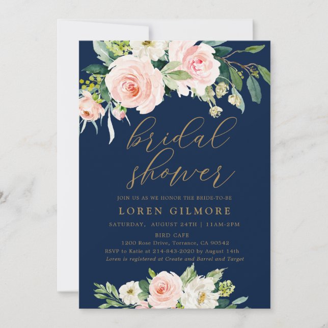 Elegant Blush and Navy Floral Bridal Shower Invitation (Front)