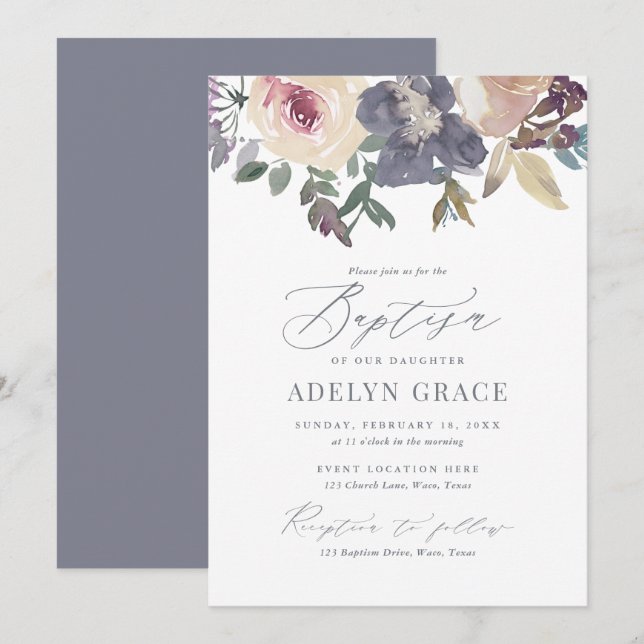 Elegant Blush and Navy Floral Girl Baptism Invitation (Front/Back)