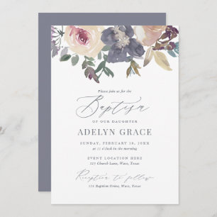 Elegant Blush and Navy Floral Girl Baptism Invitation