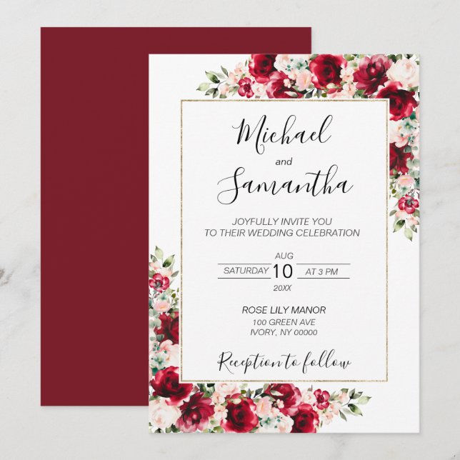 Elegant Blush and Red Roses Wedding Invitation (Front/Back)