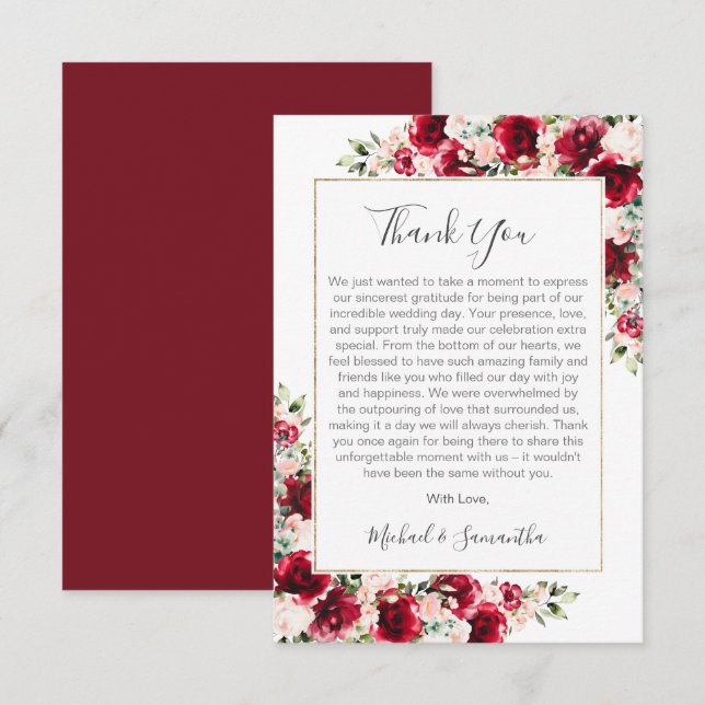 Elegant Blush and Red Roses Wedding Thank You Card (Front/Back)