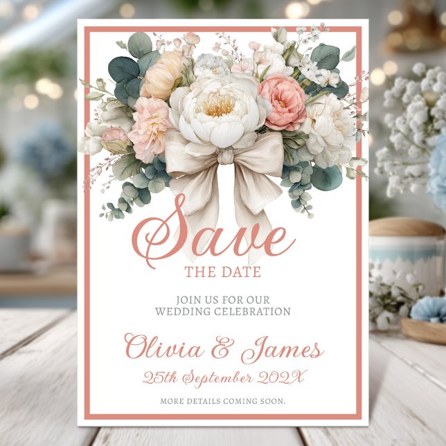 Elegant Blush and White Floral with bow Wedding Invitation (Creator Uploaded)