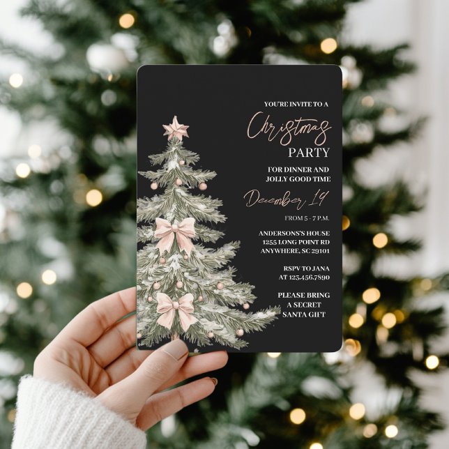 Elegant Blush & Black Christmas Tree Invitation (Creator Uploaded)