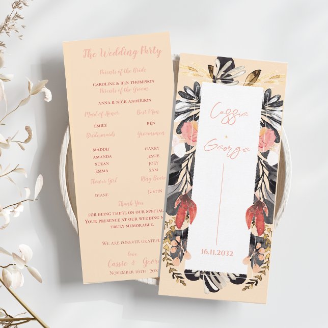 Elegant Blush & Black Floral Wedding Program Card (Elegant Blush & Black Floral Wedding Program Card)