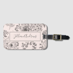 Elegant Blush Black Rose Floral Design Name Script Luggage Tag