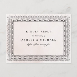 Elegant Blush & Black Watercolor Lace Wedding RSVP Invitation Postcard