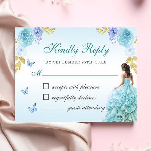 Elegant Blush Blue Floral Quinceañera RSVP Card