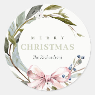 Elegant Blush Blue Green Winter Christmas Wreath Classic Round Sticker