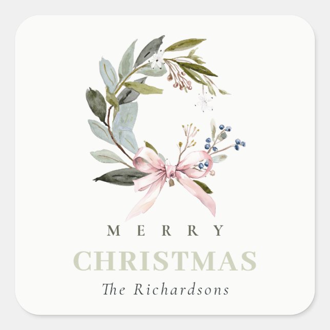 Elegant Blush Blue Green Winter Christmas Wreath Square Sticker (Front)