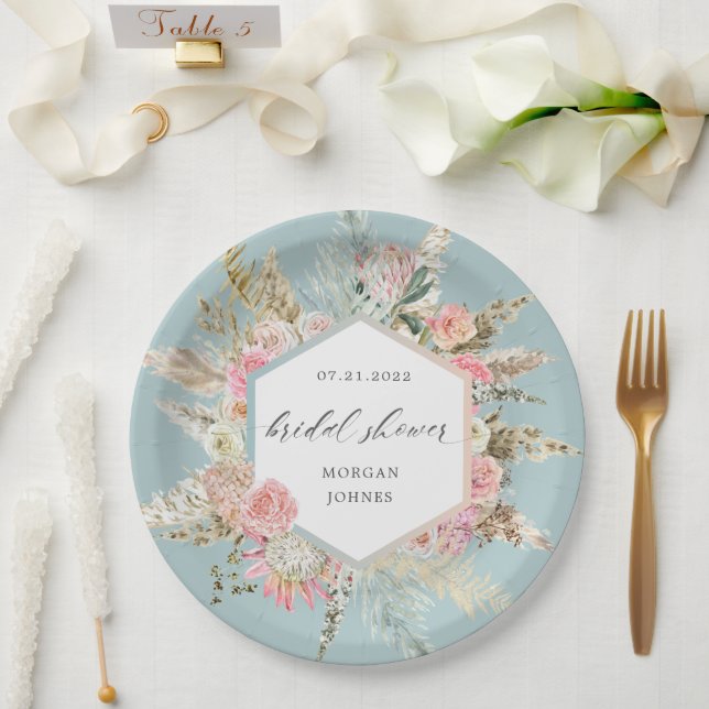 Elegant Blush Bohemian Floral Bridal Shower Paper Plate (Wedding)