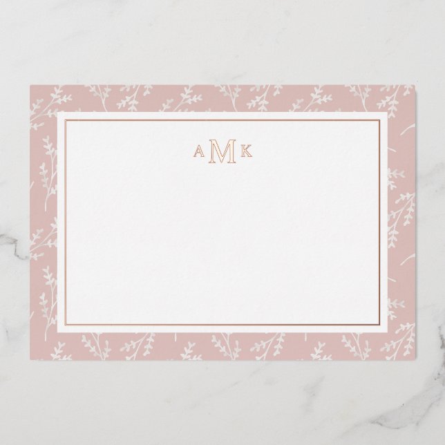 Elegant Blush Botanical Monogrammed Foil Note Card (Front)
