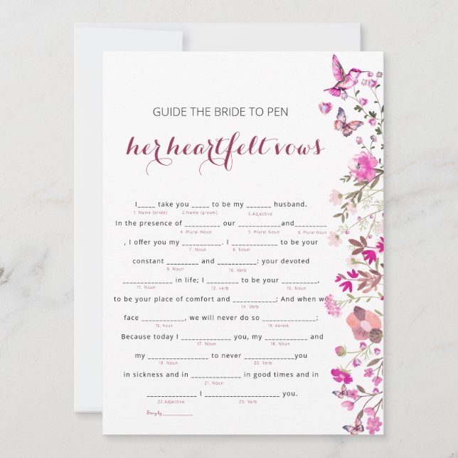 Elegant Blush Bride Heartfelt Vows Game (Front)