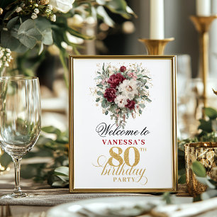 Elegant blush burgundy 80th birthday 8x10 welcome  poster