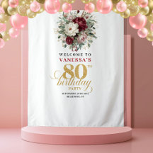 Elegant Blush Burgundy 80th Birthday Backdrop
