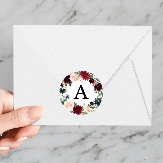 Elegant Blush Burgundy and Navy Floral Monogram Classic Round Sticker (Creator Uploaded)