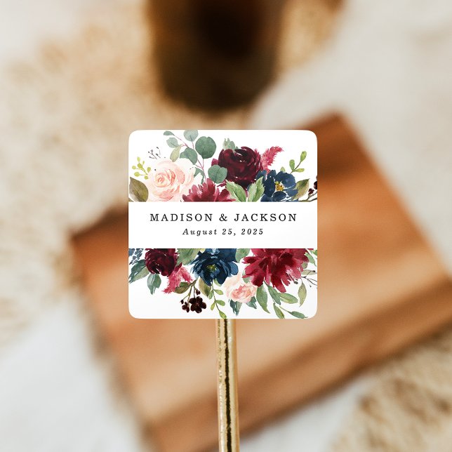 Elegant Blush Burgundy and Navy Floral Wedding Square Sticker (Creator Uploaded)