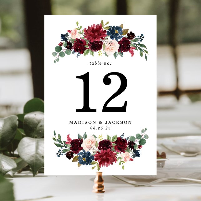 Elegant Blush Burgundy and Navy Floral Wedding Table Number (Creator Uploaded)
