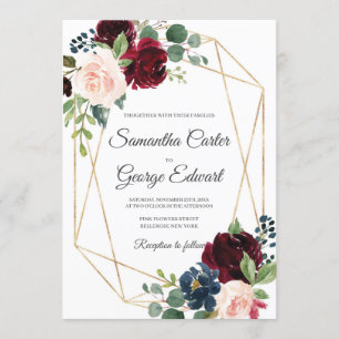 Elegant blush burgundy and pink and navy floral invitation