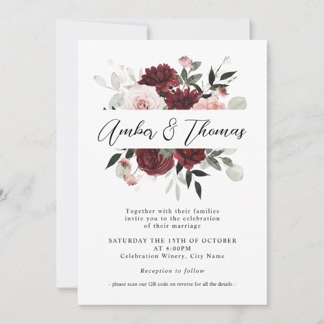 Elegant Blush Burgundy & Blush Floral Wedding  Invitation (Front)