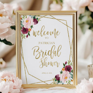 Elegant Blush Burgundy Floral Bridal Welcome Sign
